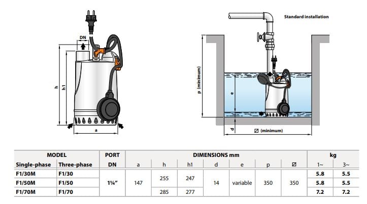 F1 30M city dalgıç pompa teknik ölçüleri